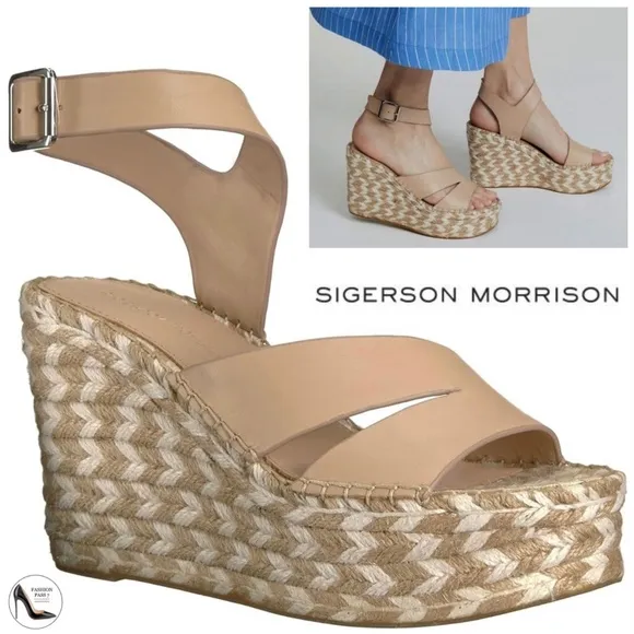 SIGERSON MORRISON Arien platform wedge Espadrilles Beige Nude leather sandal 8.5