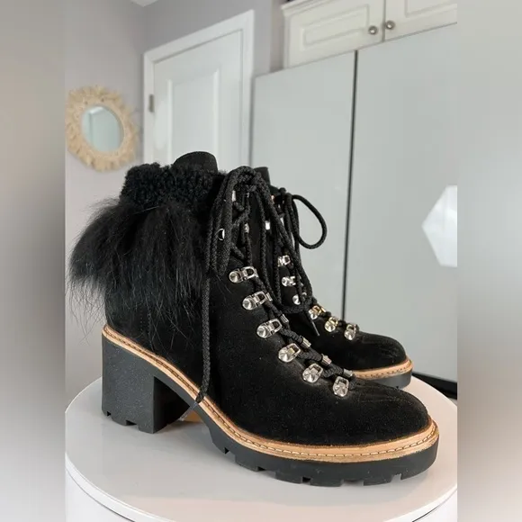 Sigerson Morrison Nalia Black Leather Goat Raccoon Fur Hiking Boots Size 40 (9)