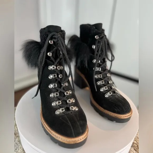 Sigerson Morrison Nalia Black Leather Goat Raccoon Fur Hiking Boots Size 40 (9)