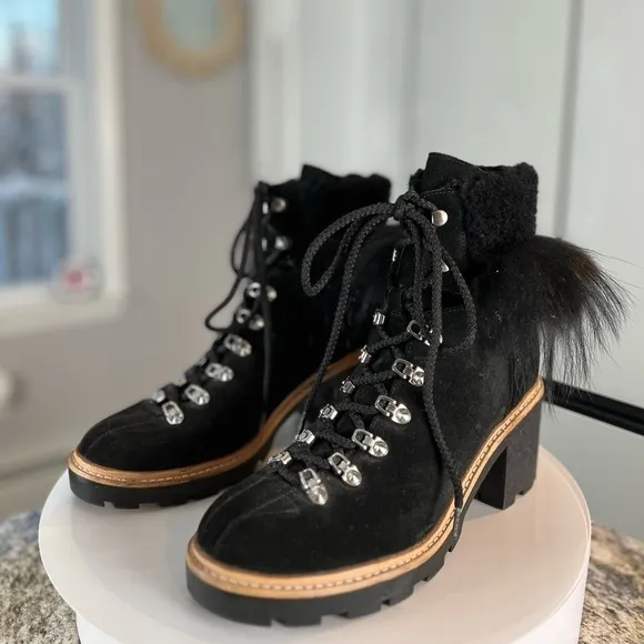 Sigerson Morrison Nalia Black Leather Goat Raccoon Fur Hiking Boots Size 40 (9)
