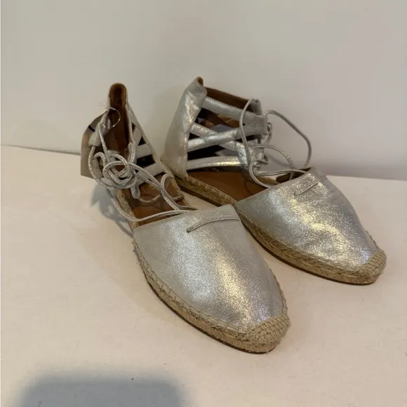 Silver Espadrille Lace-Up Flats
