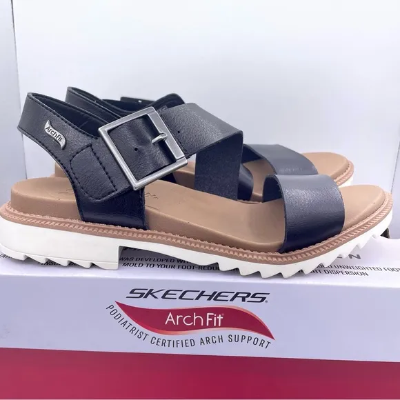 Skechers arch fit Lucy black vegan leather sandals women Size 9