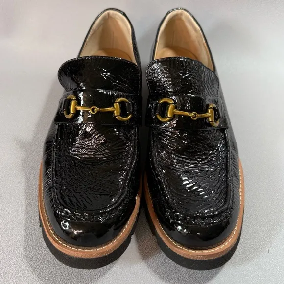 SOFFT Prewitt Black Patent Leather Gold Buckle Loafers with Lug Sole