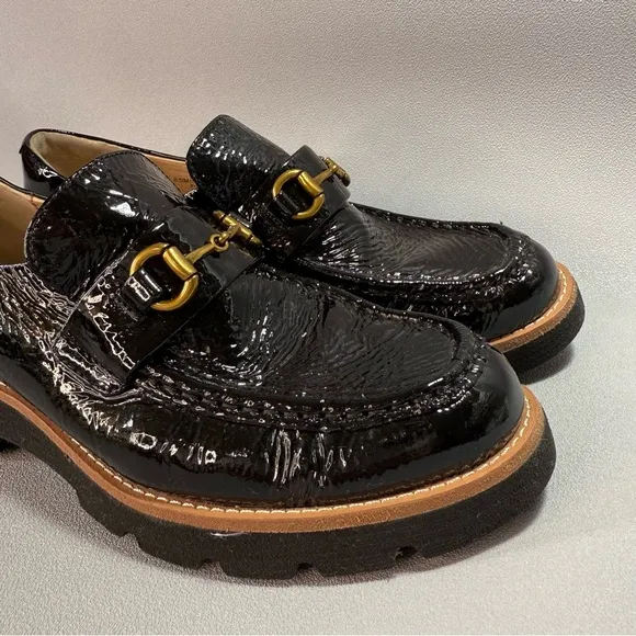 SOFFT Prewitt Black Patent Leather Gold Buckle Loafers with Lug Sole