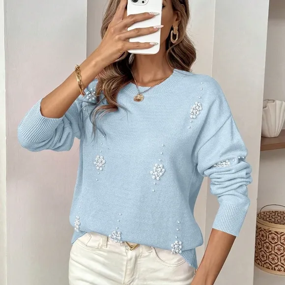 Soft &amp; Comfortable Women Pearl Embellished Knit Sweater