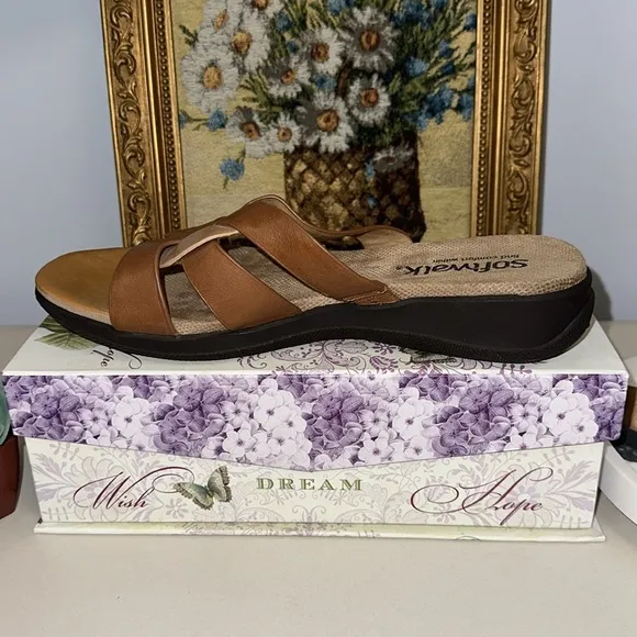 softwalk 8M Tan Brown Leather Slip On Support Soles Comfort Sandals