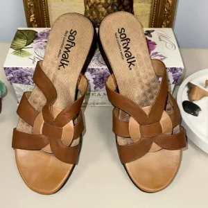 softwalk 8M Tan Brown Leather Slip On Support Soles Comfort Sandals