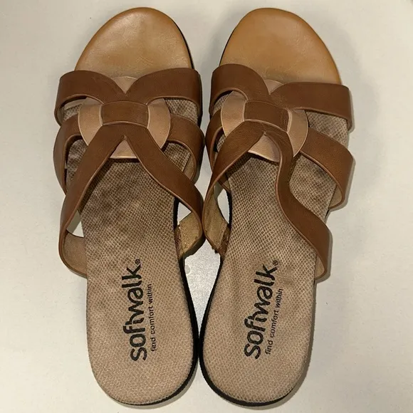 softwalk 8M Tan Brown Leather Slip On Support Soles Comfort Sandals
