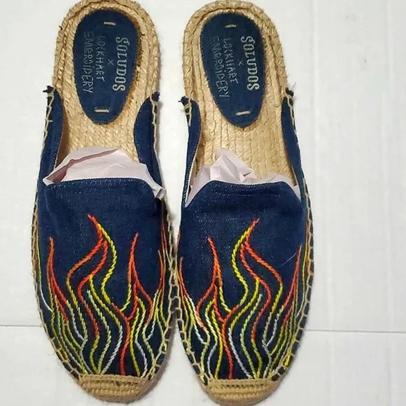 Soludos Lockhart Denim Colorful Fire Flame Embroidery Boho Summer Espadrilles
