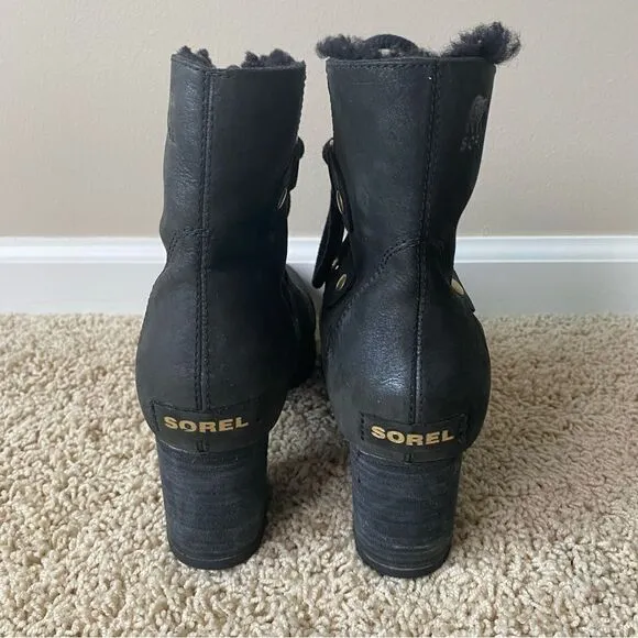 Sorel Addington Chelsea Lace Up Boots Black Leather Lux Holiday Shearling 8.5