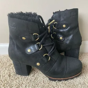 Sorel Addington Chelsea Lace Up Boots Black Leather Lux Holiday Shearling 8.5