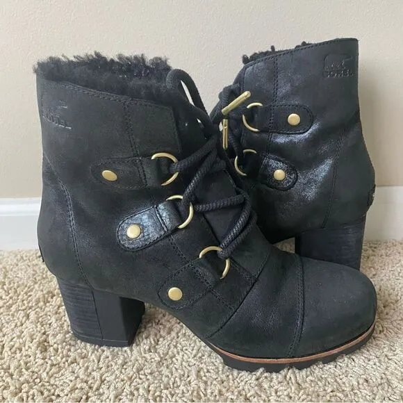 Sorel Addington Chelsea Lace Up Boots Black Leather Lux Holiday Shearling 8.5