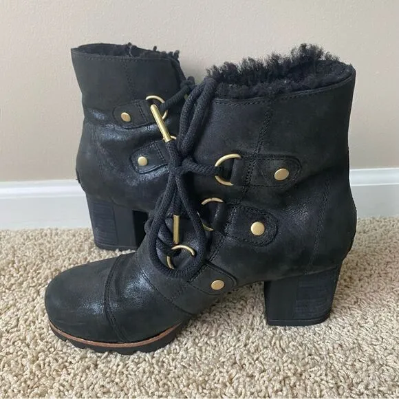 Sorel Addington Chelsea Lace Up Boots Black Leather Lux Holiday Shearling 8.5