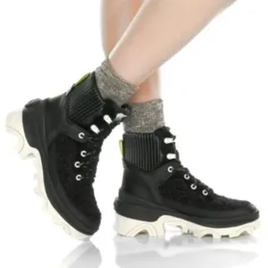 Sorel Brex Cozy Lace Up Boots Leather Faux Fur Booties Black Sea Salt Size 7 NEW