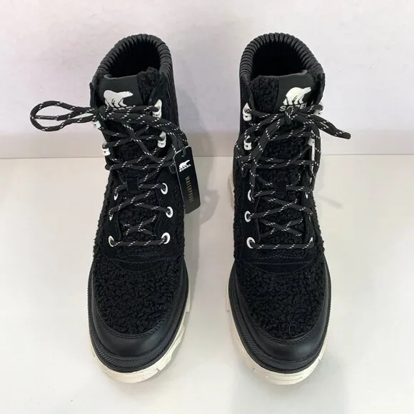 Sorel Brex Cozy Lace Up Boots Leather Faux Fur Booties Black Sea Salt Size 7 NEW