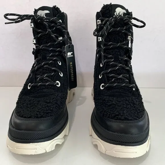 Sorel Brex Cozy Lace Up Boots Leather Faux Fur Booties Black Sea Salt Size 7 NEW