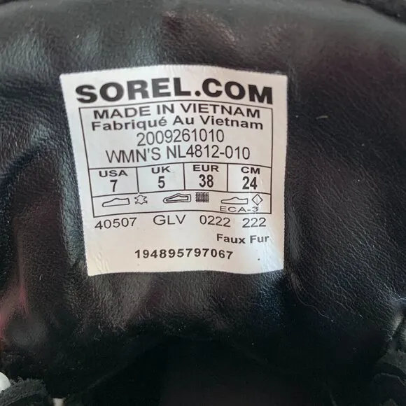 Sorel Brex Cozy Lace Up Boots Leather Faux Fur Booties Black Sea Salt Size 7 NEW
