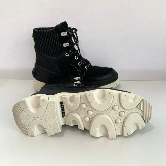 Sorel Brex Cozy Lace Up Boots Leather Faux Fur Booties Black Sea Salt Size 7 NEW