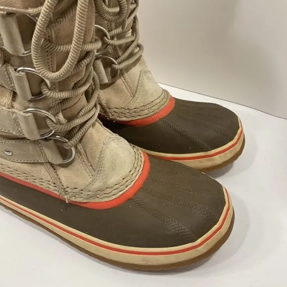 Sorel Joan Of Arctic Taupe Beige Suede Lace Up Waterproof Snow Boots