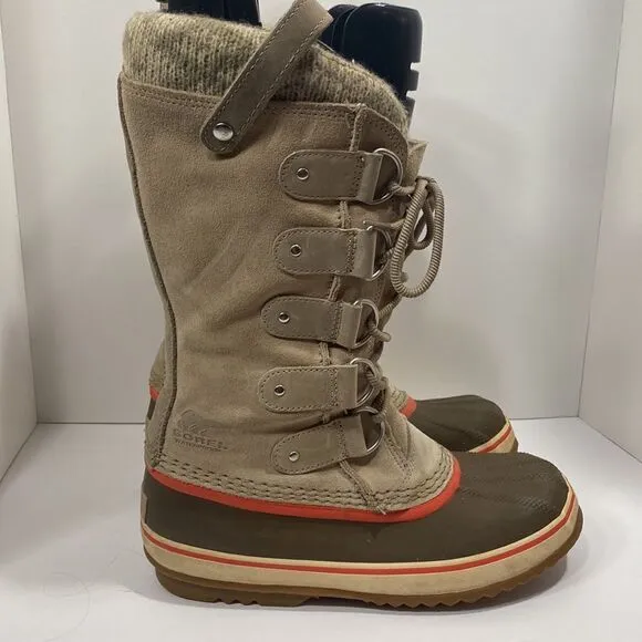 Sorel Joan Of Arctic Taupe Beige Suede Lace Up Waterproof Snow Boots