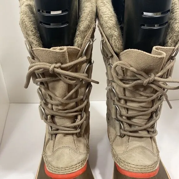 Sorel Joan Of Arctic Taupe Beige Suede Lace Up Waterproof Snow Boots