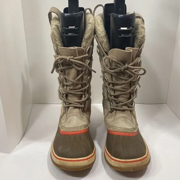 Sorel Joan Of Arctic Taupe Beige Suede Lace Up Waterproof Snow Boots