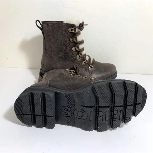 Sorel Lennox Lace Up Cozy Boots Shearling Distressed Leather Booties Size 6 NEW
