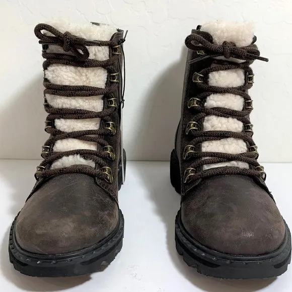 Sorel Lennox Lace Up Cozy Boots Shearling Distressed Leather Booties Size 6 NEW