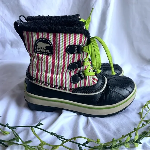 Sorel Tivoli Green Pink Striped Winter Snow Boots