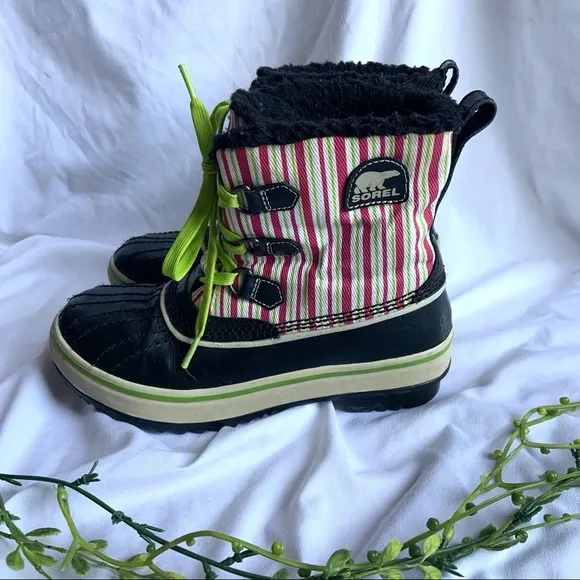 Sorel Tivoli Green Pink Striped Winter Snow Boots