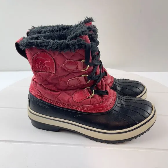 Sorel Tivoli Red Wmns Sz 6 Diamond Quilted Faux Fur Lined Snow Boots Waterproof