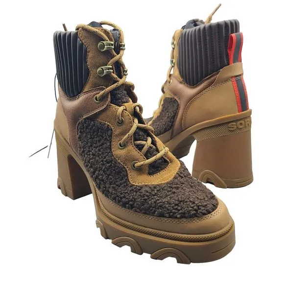 Sorel Women boots Brex Heel Lace Lux Tan brown leather Faux Fur US 8 new