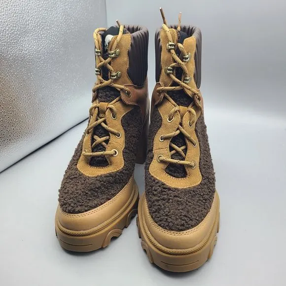 Sorel Women boots Brex Heel Lace Lux Tan brown leather Faux Fur US 8 new
