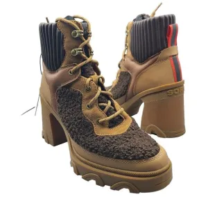 Sorel Women boots Brex Heel Lace Lux Tan brown leather Faux Fur US 8 new