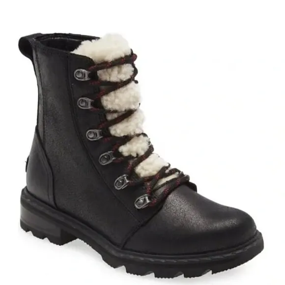 SOREL Womens 7 Black Leather Boots Lace Up Shearling Trim Waterproof NEW IN BOX