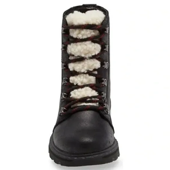 SOREL Womens 7 Black Leather Boots Lace Up Shearling Trim Waterproof NEW IN BOX