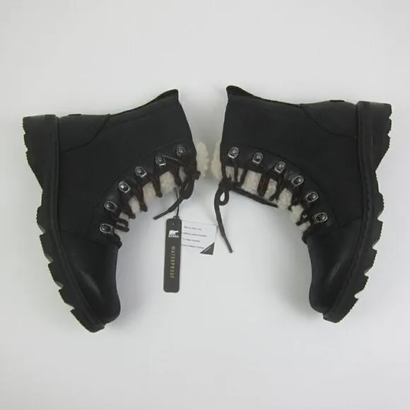 SOREL Womens 7 Black Leather Boots Lace Up Shearling Trim Waterproof NEW IN BOX