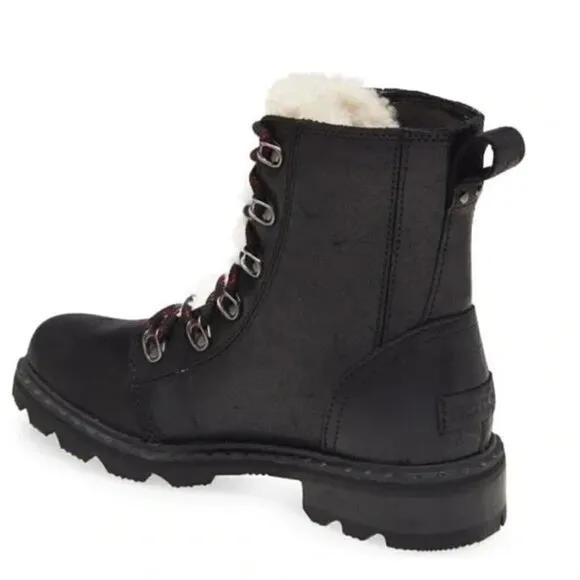 SOREL Womens 7 Black Leather Boots Lace Up Shearling Trim Waterproof NEW IN BOX
