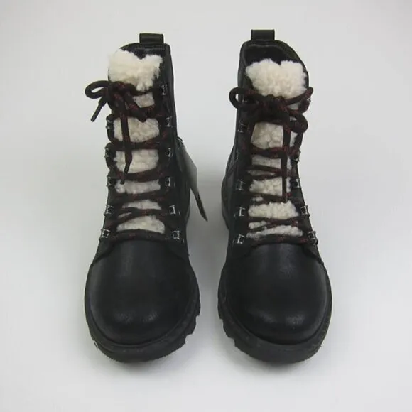 SOREL Womens 7 Black Leather Boots Lace Up Shearling Trim Waterproof NEW IN BOX