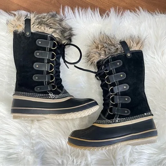Sorel | Women’s Black Joan of Arctic Faux Fur Snow Boots Suede Lace-Up Winter 6