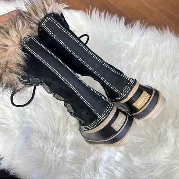 Sorel | Women’s Black Joan of Arctic Faux Fur Snow Boots Suede Lace-Up Winter 6