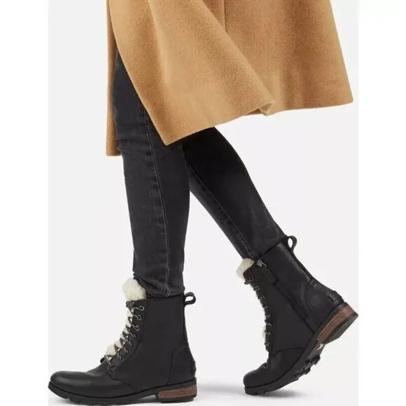 Sorel Women's Emelie Black Leather Short Lace Cozy Waterproof Boots Size 6 NWB