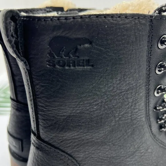 Sorel Women's Emelie Black Leather Short Lace Cozy Waterproof Boots Size 6 NWB