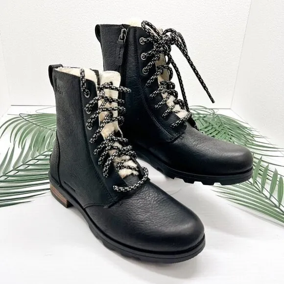 Sorel Women's Emelie Black Leather Short Lace Cozy Waterproof Boots Size 6 NWB