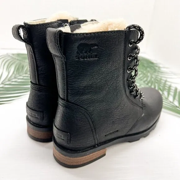 Sorel Women's Emelie Black Leather Short Lace Cozy Waterproof Boots Size 6 NWB