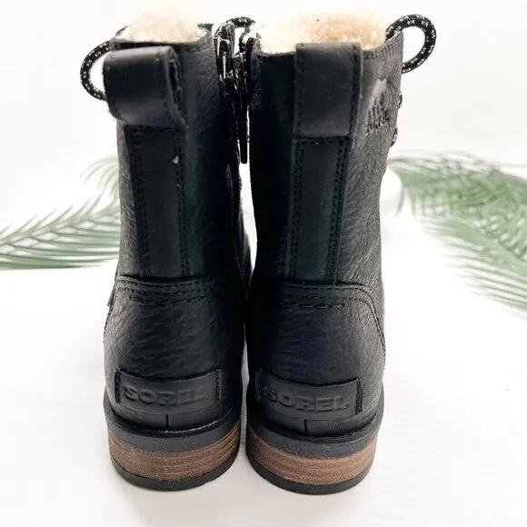 Sorel Women's Emelie Black Leather Short Lace Cozy Waterproof Boots Size 6 NWB