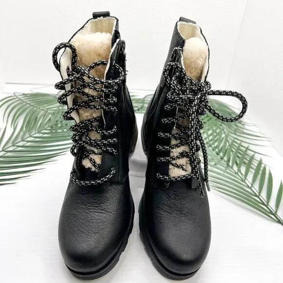 Sorel Women's Emelie Black Leather Short Lace Cozy Waterproof Boots Size 6 NWB