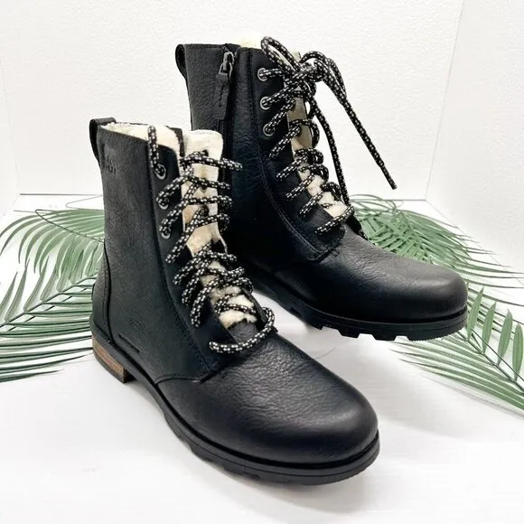 Sorel Women's Emelie Black Leather Short Lace Cozy Waterproof Boots Size 6 NWB