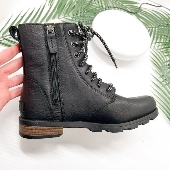 Sorel Women's Emelie Black Leather Short Lace Cozy Waterproof Boots Size 6 NWB