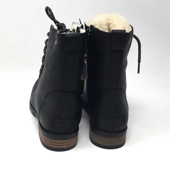 Sorel Women's Emelie Short Lace Cozy Leather Boots Black, Sz 8